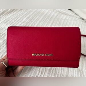 MK Michael Kors Jet Travel Lg Phone Crossbody Leather Pink with wallet